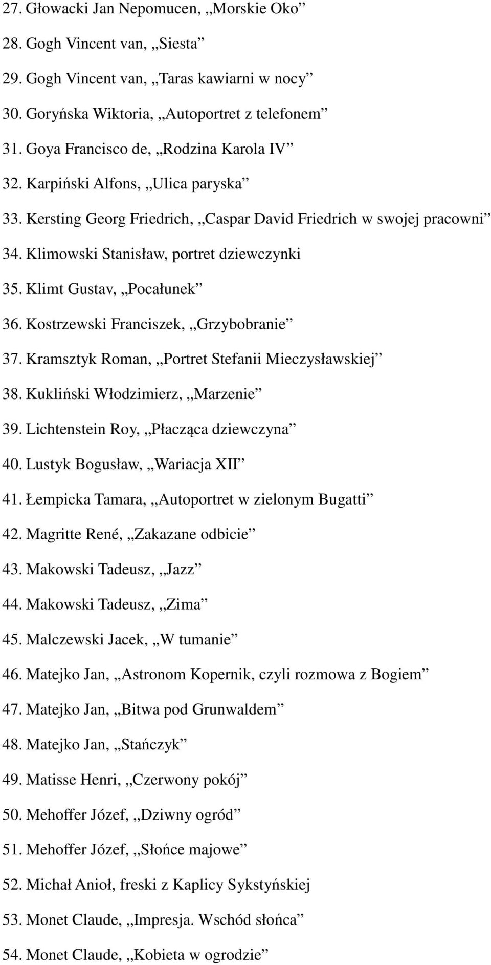 Klimt Gustav, Pocałunek 36. Kostrzewski Franciszek, Grzybobranie 37. Kramsztyk Roman, Portret Stefanii Mieczysławskiej 38. Kukliński Włodzimierz, Marzenie 39. Lichtenstein Roy, Płacząca dziewczyna 40.