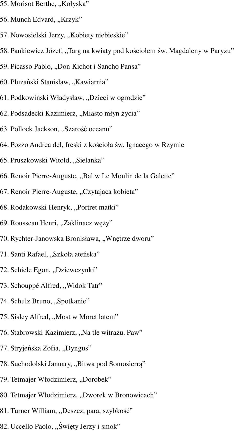Pollock Jackson, Szarość oceanu 64. Pozzo Andrea del, freski z kościoła św. Ignacego w Rzymie 65. Pruszkowski Witold, Sielanka 66. Renoir Pierre-Auguste, Bal w Le Moulin de la Galette 67.