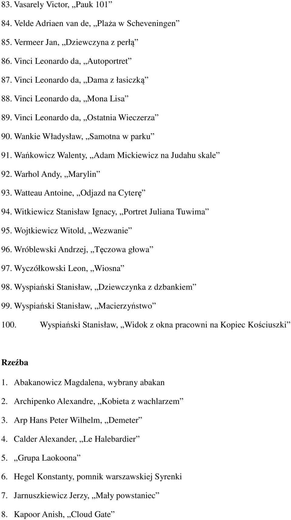 Watteau Antoine, Odjazd na Cyterę 94. Witkiewicz Stanisław Ignacy, Portret Juliana Tuwima 95. Wojtkiewicz Witold, Wezwanie 96. Wróblewski Andrzej, Tęczowa głowa 97. Wyczółkowski Leon, Wiosna 98.