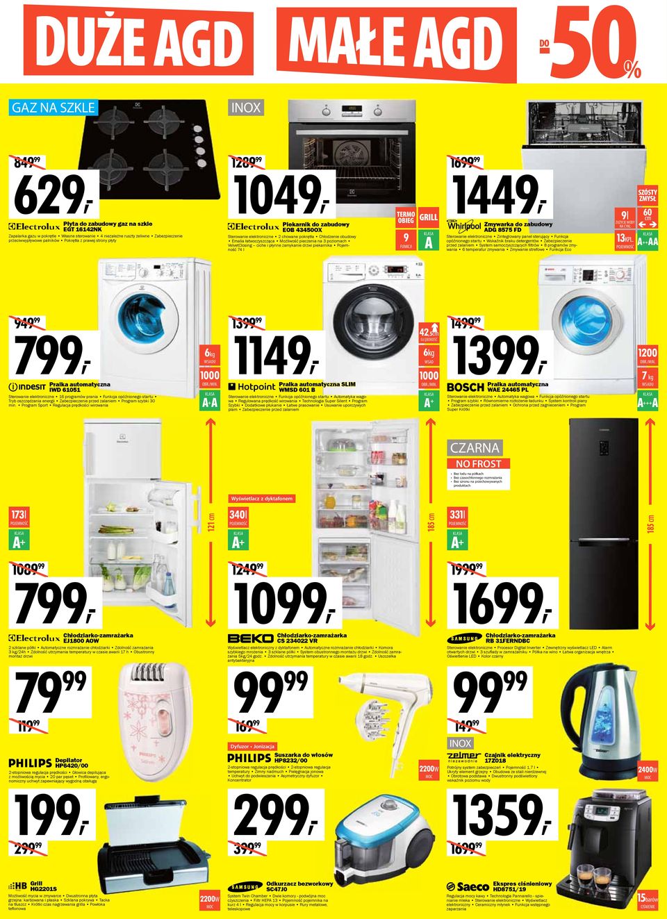 VelvetClosing ciche i płynne zamykanie drzwi piekarnika Pojemność 74 l TERMO OBIEG 9 FUNKCJI GRILL A 1699 99 1449, Zmywarka do zabudowy ADG 8575 FD Sterowanie elektroniczne Zintegrowany panel