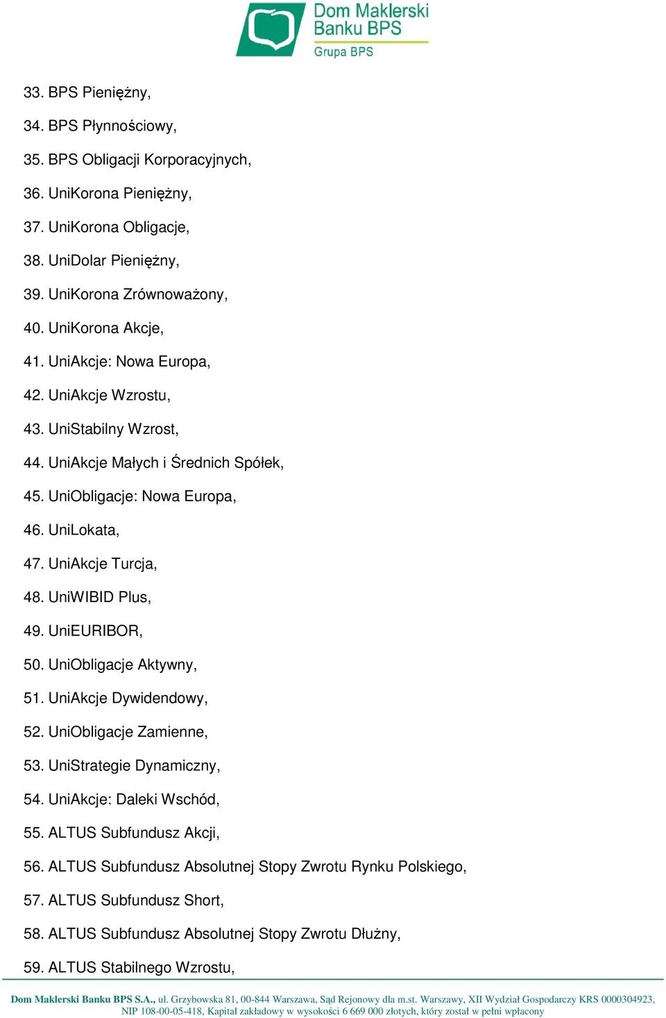 UniAkcje Turcja, 48. UniWIBID Plus, 49. UniEURIBOR, 50. UniObligacje Aktywny, 51. UniAkcje Dywidendowy, 52. UniObligacje Zamienne, 53. UniStrategie Dynamiczny, 54.