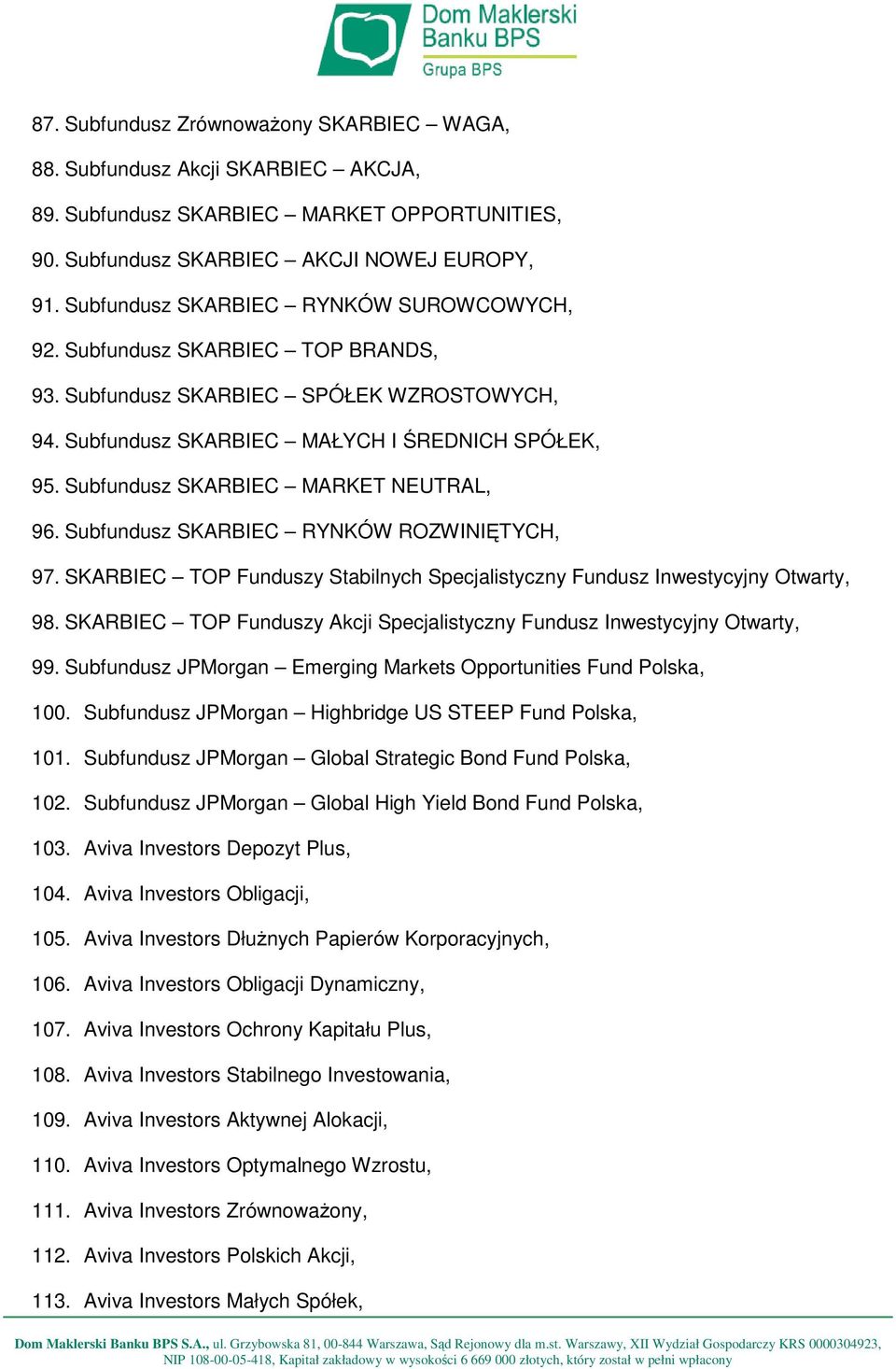 Subfundusz SKARBIEC MARKET NEUTRAL, 96. Subfundusz SKARBIEC RYNKÓW ROZWINIĘTYCH, 97. SKARBIEC TOP Funduszy Stabilnych Specjalistyczny Fundusz Inwestycyjny Otwarty, 98.