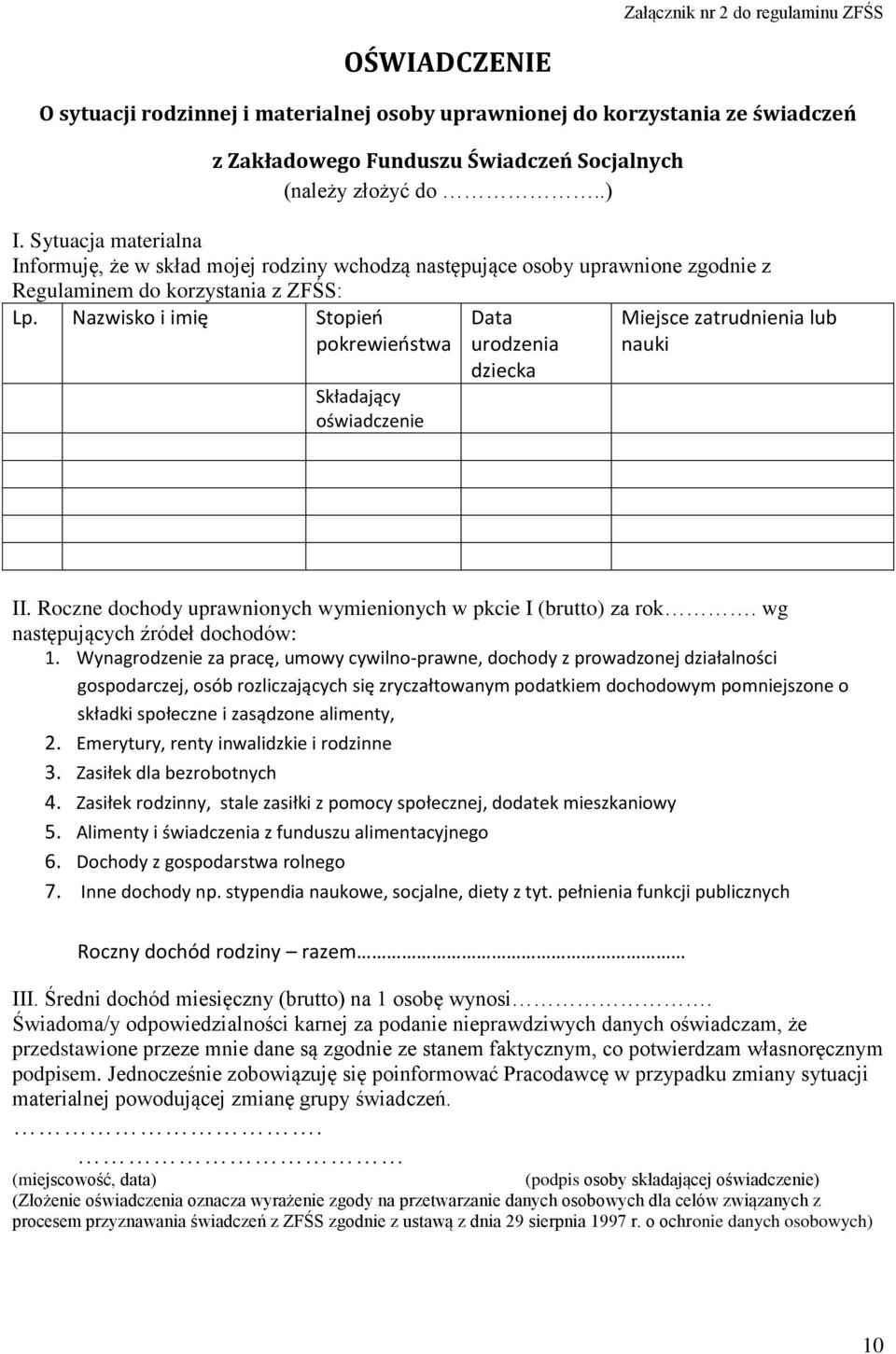 Nazwisko i imię Stopień pokrewieństwa Składający oświadczenie Data urodzenia dziecka Miejsce zatrudnienia lub nauki II. Roczne dochody uprawnionych wymienionych w pkcie I (brutto) za rok.