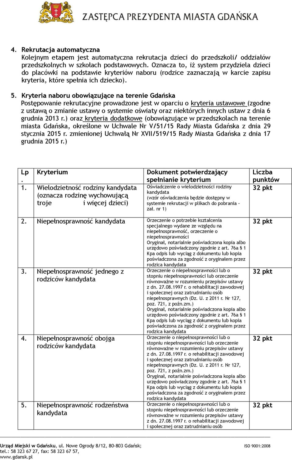 Kryteria naboru obowiązujące na terenie Gdańska Postępowanie rekrutacyjne prowadzone jest w oparciu o kryteria ustawowe (zgodne z ustawą o zmianie ustawy o systemie oświaty oraz niektórych innych