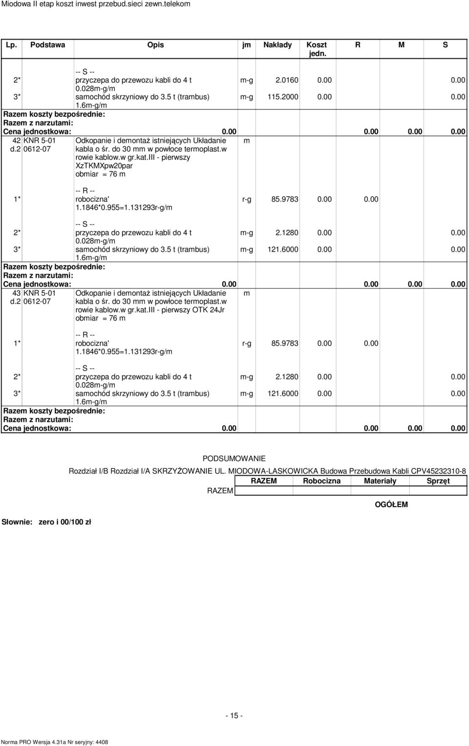 9783 0.00 0.00 2* przyczepa do przewozu kabli do 4 t -g 2.1280 0.00 0.00 0.028-g/ 3* saochód skrzyniowy do 3.5 t (trabus) -g 121.6000 0.00 0.00 1.