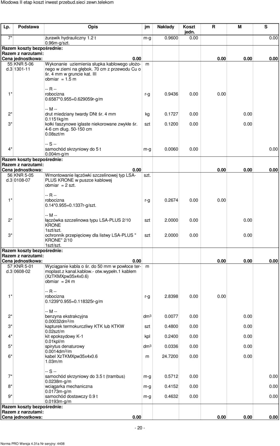50-150 c 0.08szt/ r-g 0.9436 0.00 0.00 kg 0.1727 0.00 0.00 szt 0.1200 0.00 0.00 4* saochód skrzyniowy do 5 t 0.004-g/ -g 0.0060 0.00 0.00 56 KNR 5-05 szt.