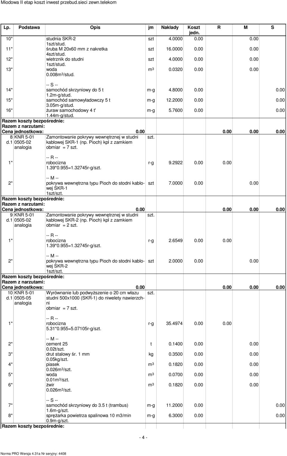 7600 0.00 0.00 8 d.1 0505-02 Zaontowanie pokrywy wewnętrznej w studni kablowej SKR-1 (np. Pioch) kpl z zakie obiar = 7 szt. szt. 1.39*0.955=1.32745r-g/szt. r-g 9.2922 0.00 0.00 2* pokrywa wewnętrzna typu Pioch do stodni kablowej SKR-1 1szt/szt.