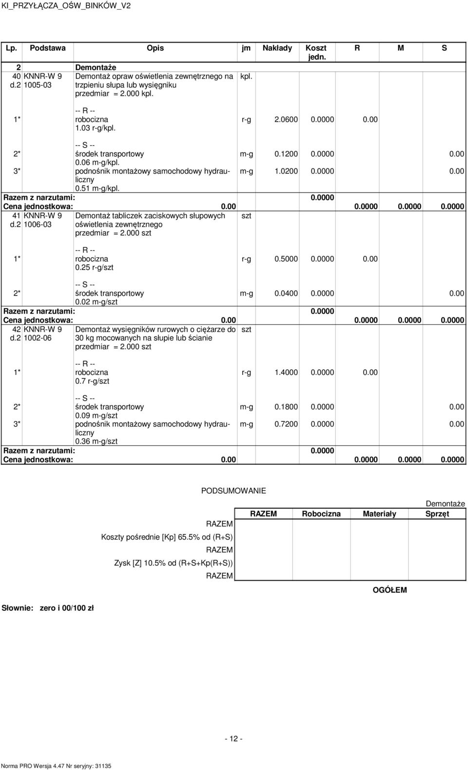 2 1006-03 Deontaż tabliczek zaciskowych słupowych oświetlenia zewnętrznego przediar = 2.000 szt 0.25 r-g/szt r-g 0.5000 0.0000 0.00 2* środek transportowy -g 0.0400 0.0000 0.00 0.02 -g/szt 42 KNNR-W 9 szt d.