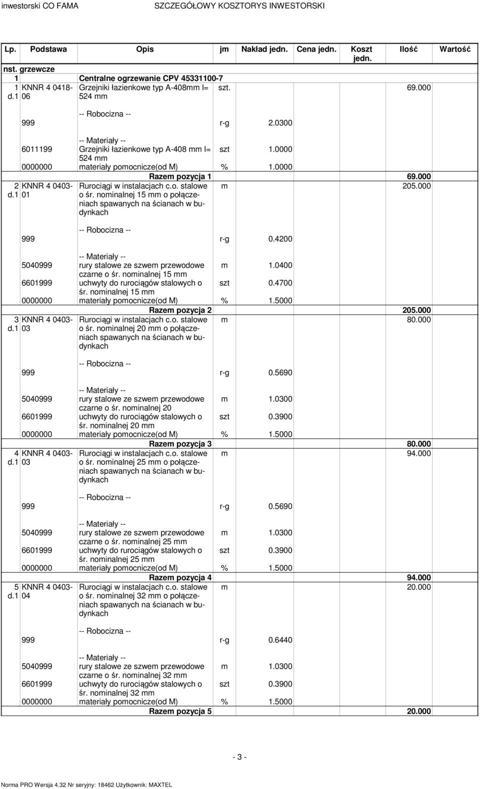 nominalnej 15 o połączeniach spawanych na ścianach w budynkach Razem pozycja 1 69.000 m 205.000 999 r-g 0.4200 5040999 rury stalowe ze szwem przewodowe m 1.0400 czarne o śr.