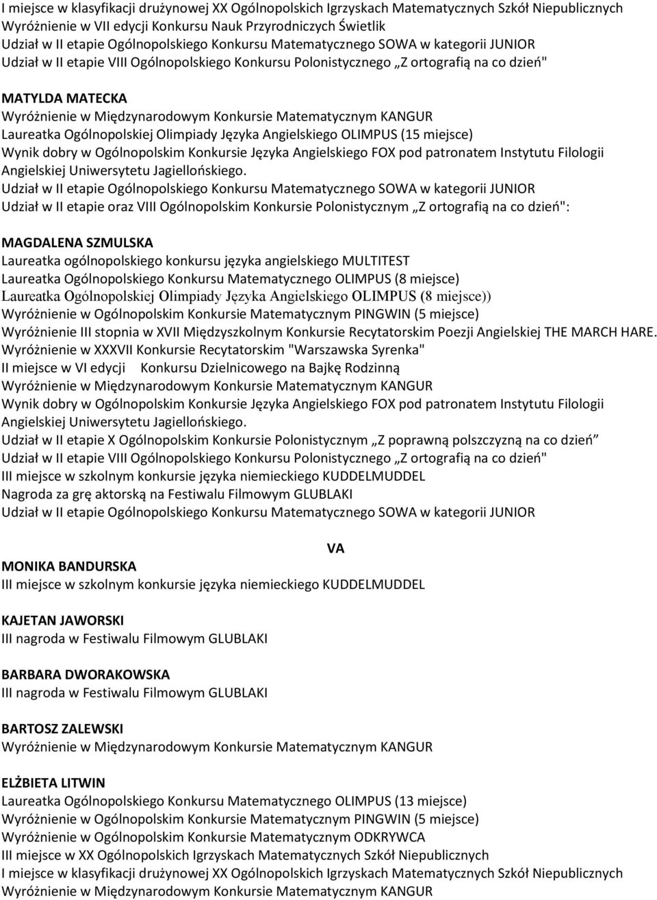 Udział w II etapie oraz VIII Ogólnopolskim Konkursie Polonistycznym Z ortografią na co dzień": MAGDALENA SZMULSKA Laureatka Ogólnopolskiego Konkursu Matematycznego OLIMPUS (8 miejsce) Laureatka