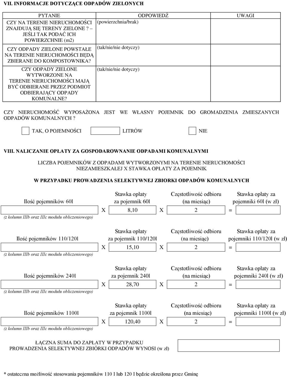 (tak/nie/nie dotyczy) CZY ODPADY ZIELONE WYTWORZONE NA TERENIE NIERUCHOMOŚCI MAJĄ BYĆ ODBIERANE PRZEZ PODMIOT ODBIERAJĄCY ODPADY KOMUNALNE?