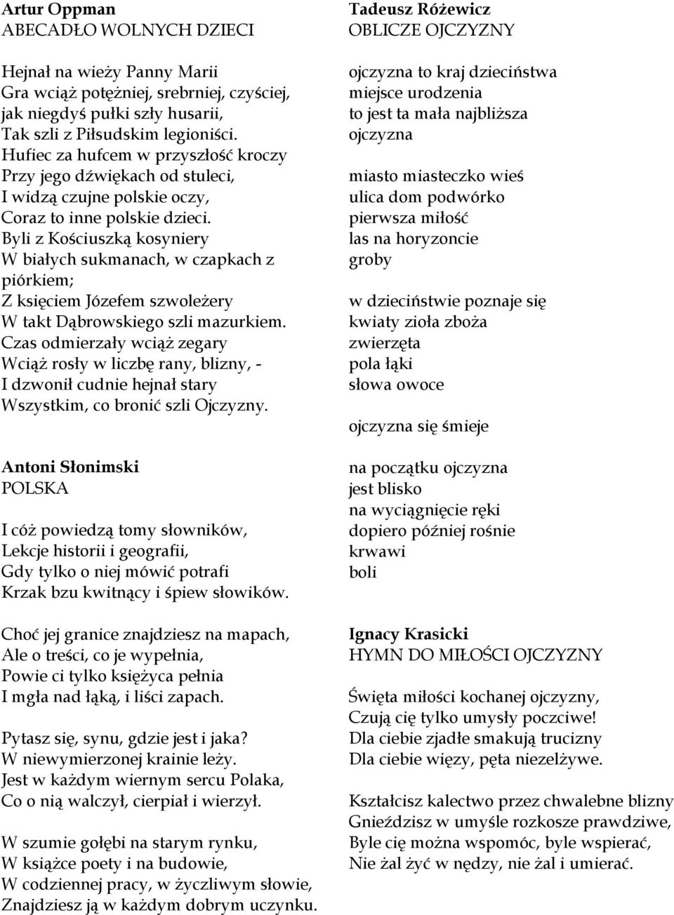 Byli z Kościuszką kosyniery W białych sukmanach, w czapkach z piórkiem; Z księciem Józefem szwoleżery W takt Dąbrowskiego szli mazurkiem.