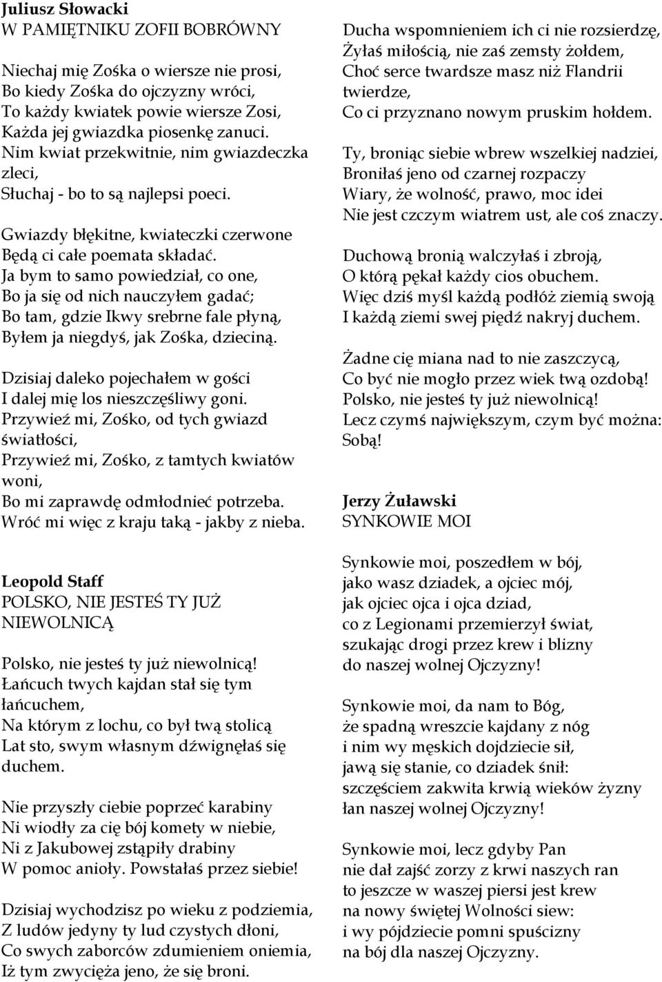 Ja bym to samo powiedział, co one, Bo ja się od nich nauczyłem gadać; Bo tam, gdzie Ikwy srebrne fale płyną, Byłem ja niegdyś, jak Zośka, dzieciną.