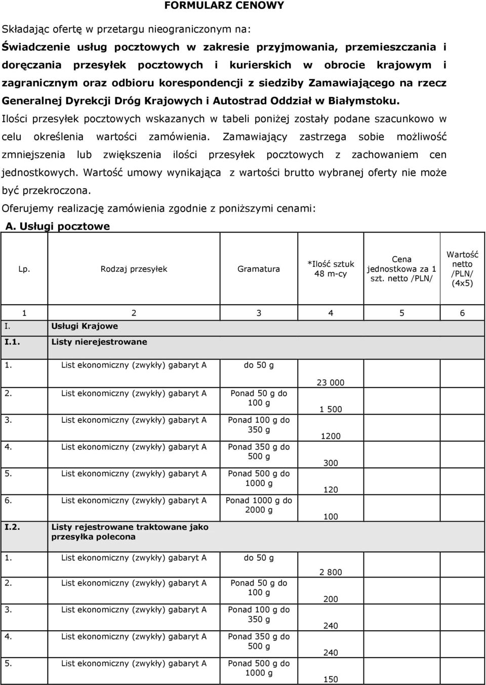 Ilości przesyłek pocztowych wskazanych w tabeli poniżej zostały podane szacunkowo w celu określenia wartości zamówienia.