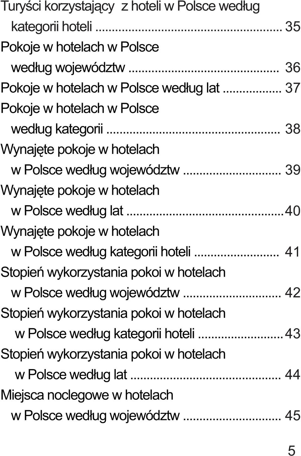 .. 40 Wynajête pokoje w hotelach w Polsce wed³ug kategorii hoteli... Stopieñ wykorzystania pokoi w hotelach w Polsce wed³ug województw.