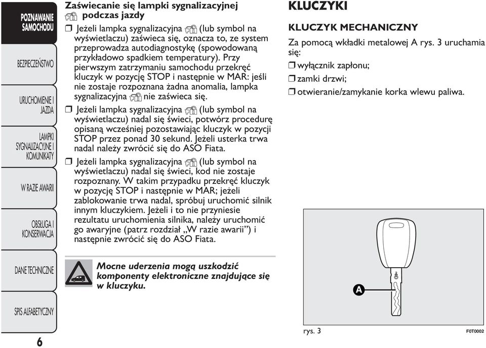 Przy pierwszym zatrzymaniu samochodu przekręć kluczyk w pozycję STOP i następnie w MAR: jeśli nie zostaje rozpoznana żadna anomalia, lampka sygnalizacyjna nie zaświeca się.