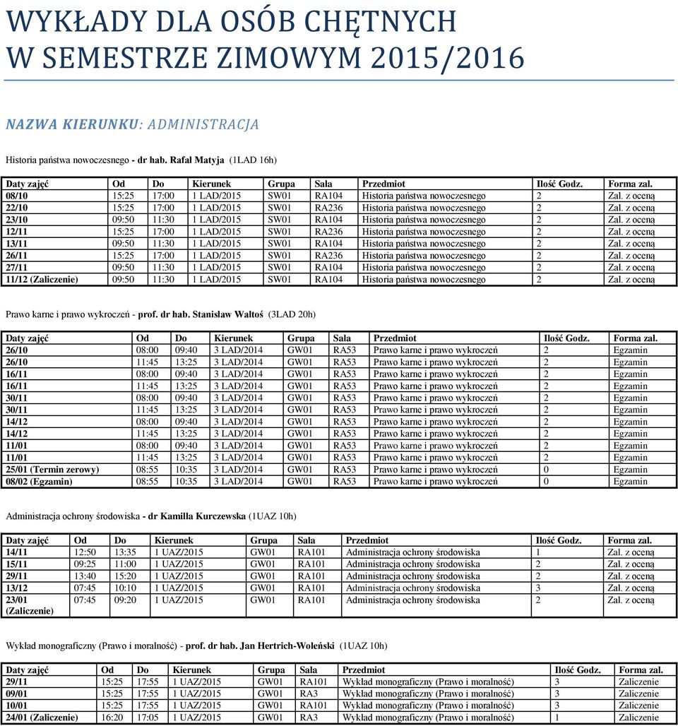 z oceną 23/10 09:50 11:30 1 LAD/2015 SW01 RA104 Historia państwa nowoczesnego 2 Zal. z oceną 12/11 15:25 17:00 1 LAD/2015 SW01 RA236 Historia państwa nowoczesnego 2 Zal.