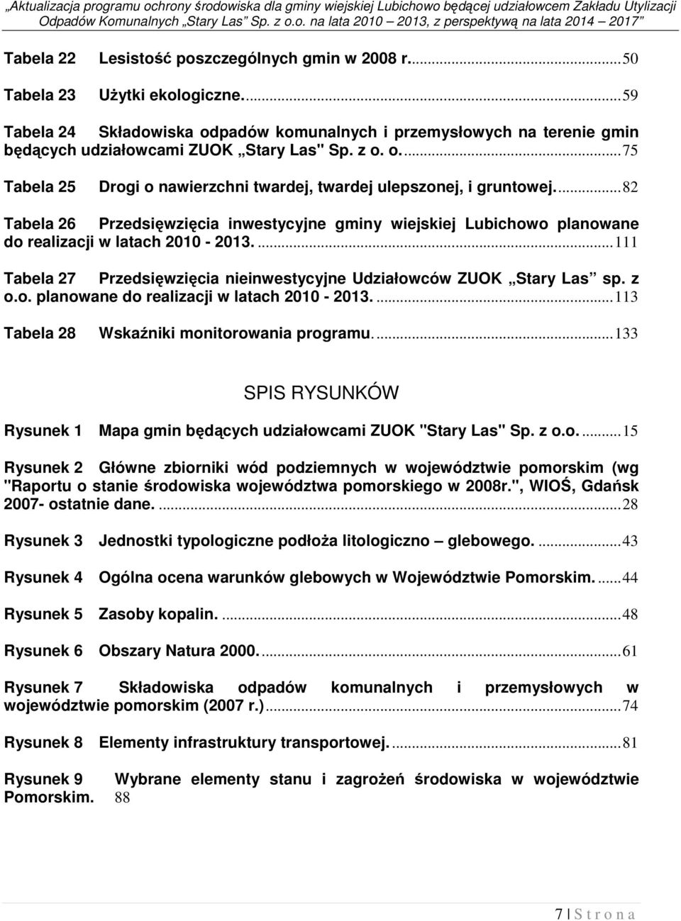 ... 82 Tabela 26 Przedsięwzięcia inwestycyjne gminy wiejskiej Lubichowo planowane do realizacji w latach 2010-2013.... 111 Tabela 27 Przedsięwzięcia nieinwestycyjne Udziałowców ZUOK Stary Las sp. z o.