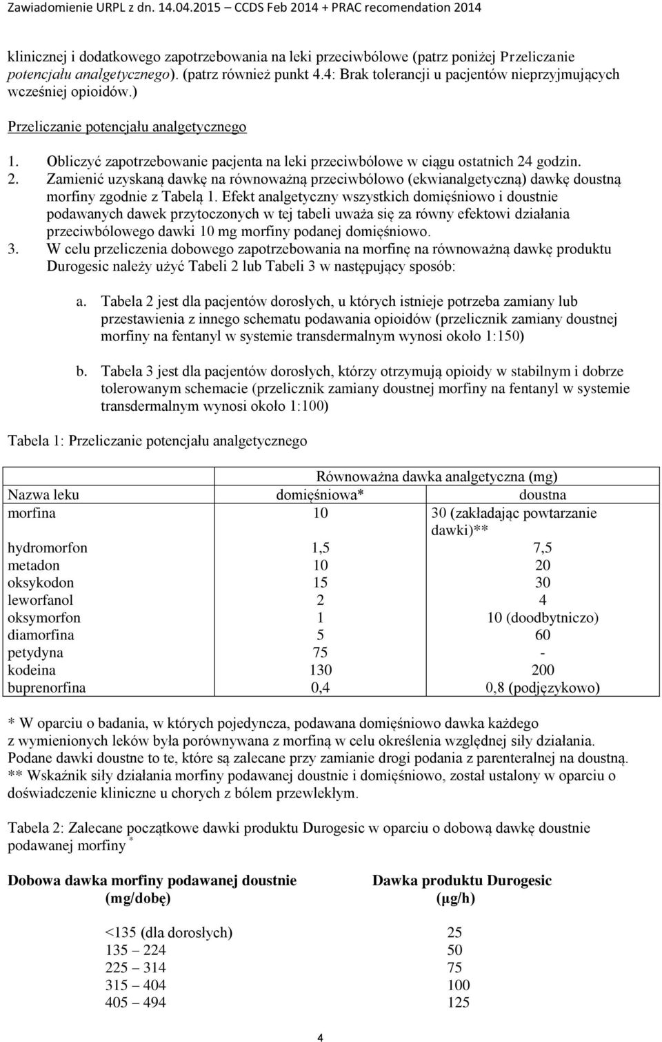 godzin. 2. Zamienić uzyskaną dawkę na równoważną przeciwbólowo (ekwianalgetyczną) dawkę doustną morfiny zgodnie z Tabelą 1.