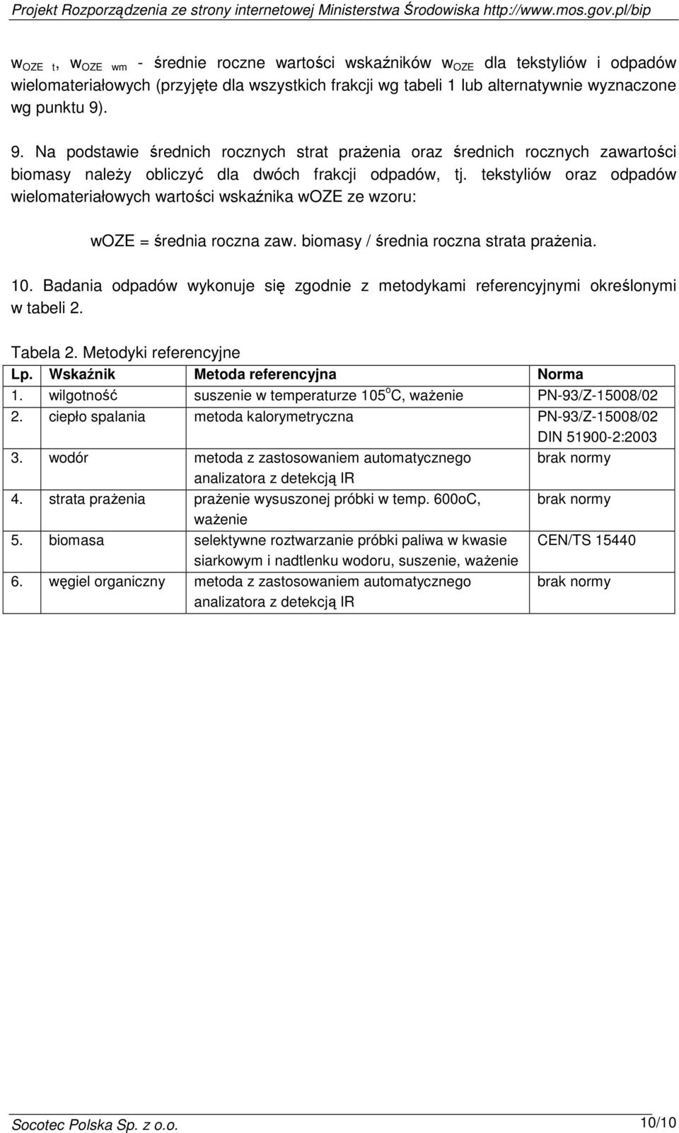 tekstyliów oraz odpadów wielomateriałowych wartości wskaźnika woze ze wzoru: woze = średnia roczna zaw. biomasy / średnia roczna strata praŝenia. 10.