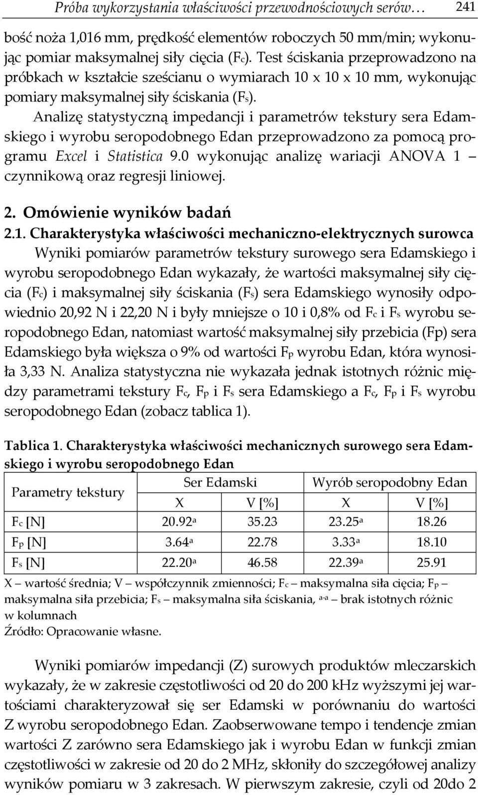 Analizę statystyczną impedancji i parametrów tekstury sera Edamskiego i wyrobu seropodobnego Edan przeprowadzono za pomocą programu Excel i Statistica 9.