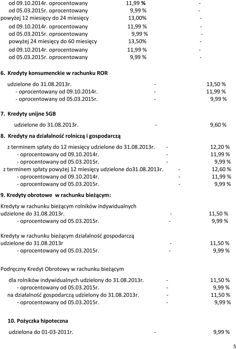 Kredyty na działalność rolniczą i gospodarczą z terminem spłaty do 12 miesięcy udzielone do 31.08.2013r. - 12,20 % z terminem spłaty powyżej 12 miesięcy udzielone do31.08.2013r. - 12,60 % 9.