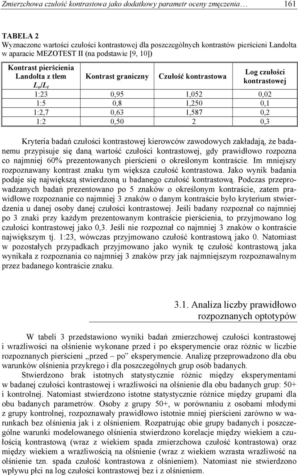 0,50 2 0,3 Kryteria badań czułości kontrastowej kierowców zawodowych zakładają, że badanemu przypisuje się daną wartość czułości kontrastowej, gdy prawidłowo rozpozna co najmniej 60% prezentowanych