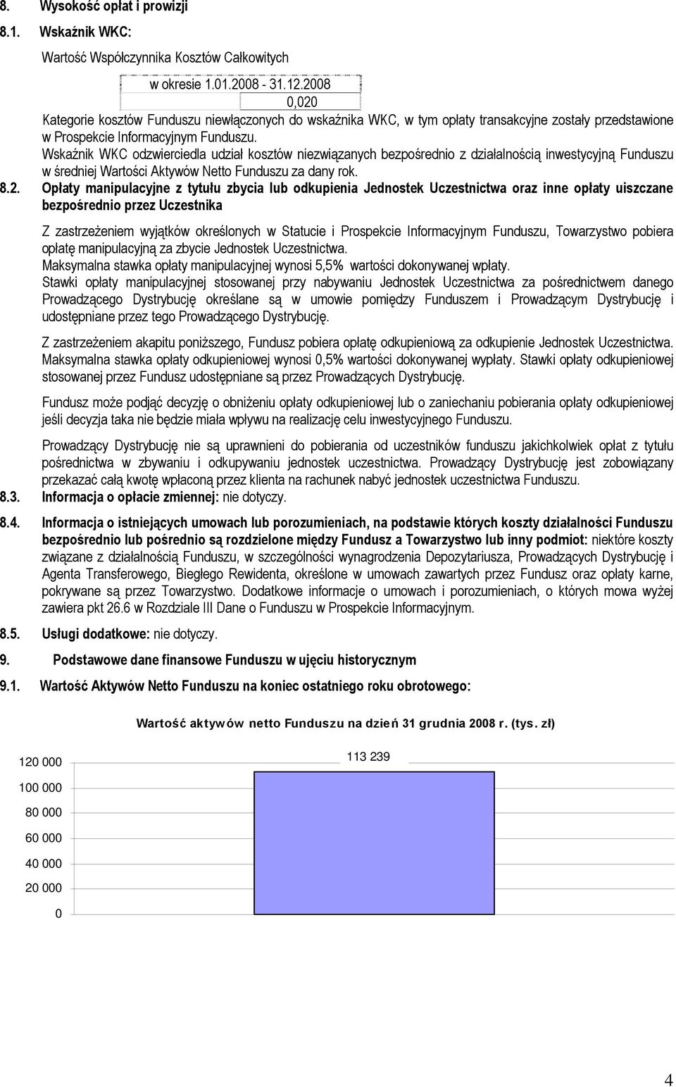 Wskaźnik WKC odzwierciedla udział kosztów niezwiązanych bezpośrednio z działalnością inwestycyjną Funduszu w średniej Wartości Aktywów Netto Funduszu za dany rok. 8.2.