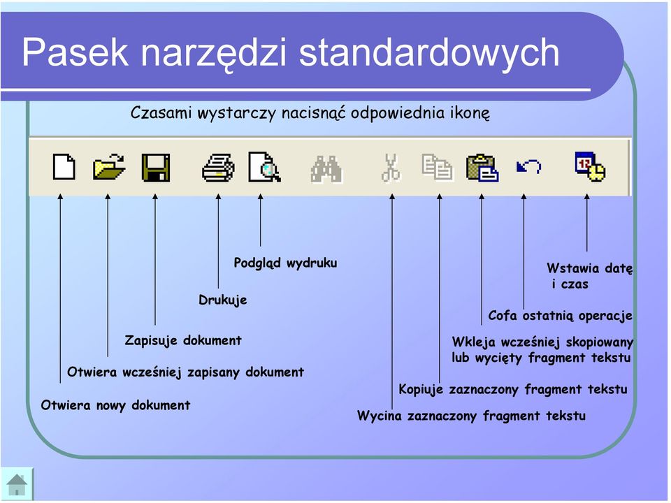 dokument Cofa ostatnią operacje Wkleja wcześniej skopiowany lub wycięty fragment