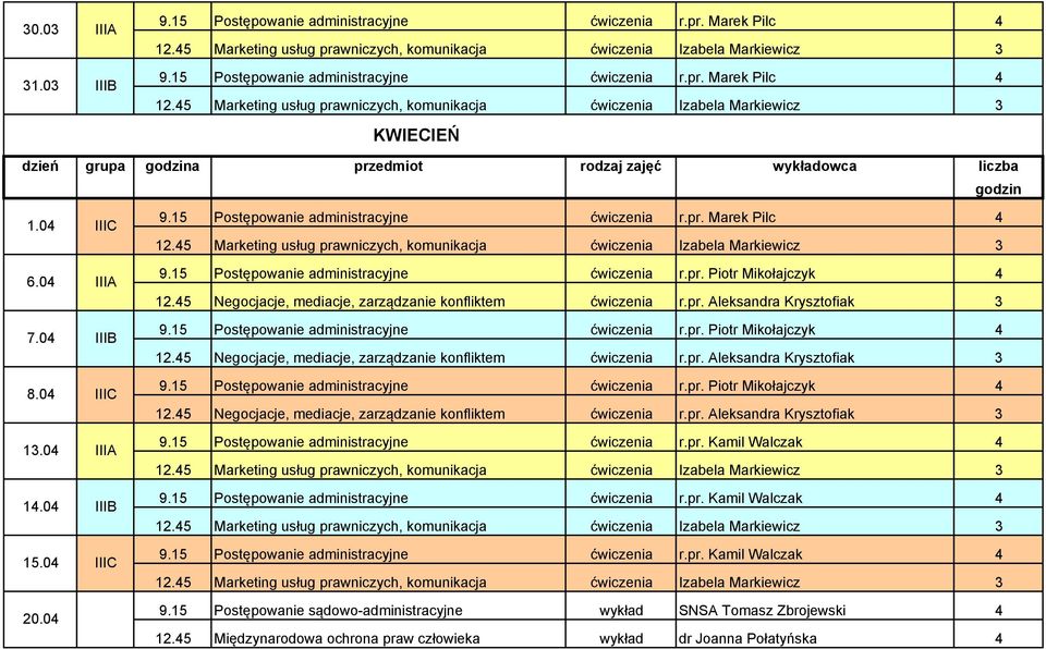 15 Postępowanie administracyjne ćwiczenia r.pr. Piotr Mikołajczyk 4 9.15 Postępowanie administracyjne ćwiczenia r.pr. Kamil Walczak 4 9.15 Postępowanie administracyjne ćwiczenia r.pr. Kamil Walczak 4 9.15 Postępowanie administracyjne ćwiczenia r.pr. Kamil Walczak 4 12.