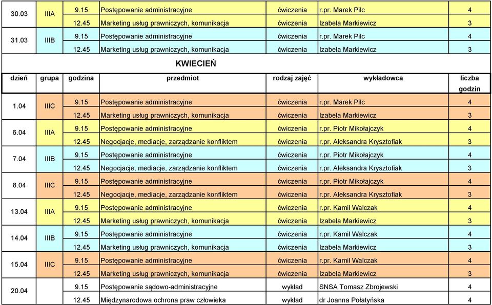 15 Postępowanie administracyjne ćwiczenia r.pr. Piotr Mikołajczyk 4 9.15 Postępowanie administracyjne ćwiczenia r.pr. Kamil Walczak 4 9.15 Postępowanie administracyjne ćwiczenia r.pr. Kamil Walczak 4 9.15 Postępowanie administracyjne ćwiczenia r.pr. Kamil Walczak 4 12.