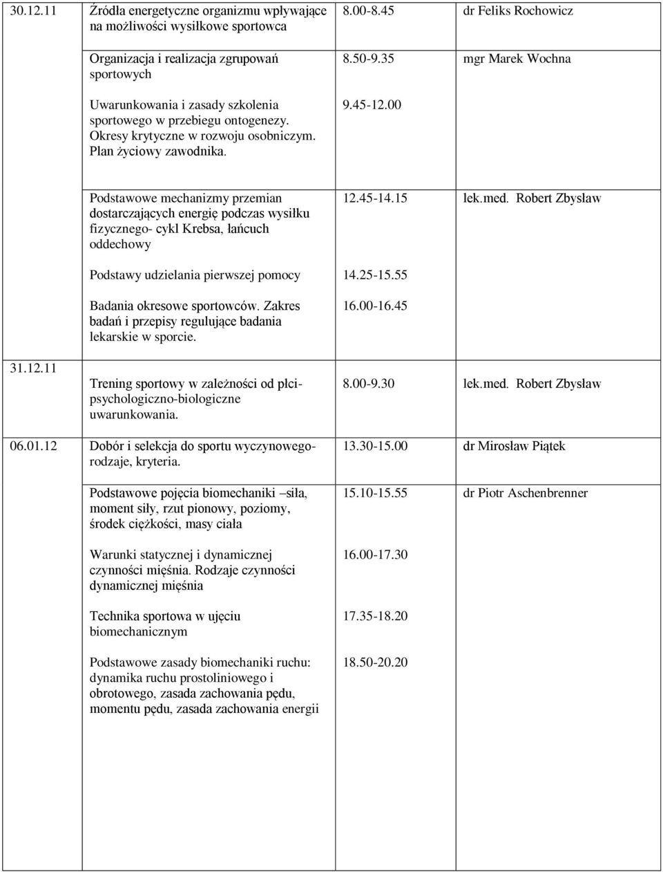 00 mgr Marek Wochna Podstawowe mechanizmy przemian dostarczających energię podczas wysiłku fizycznego- cykl Krebsa, łańcuch oddechowy Podstawy udzielania pierwszej pomocy Badania okresowe sportowców.