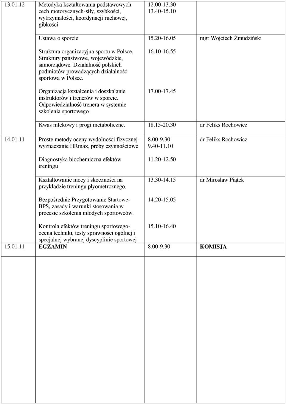 Odpowiedzialność trenera w systemie szkolenia sportowego 12.00-13.30 13.40-15.10 15.20-16.05 16.10-16.55 17.00-17.45 mgr Wojciech Żmudziński Kwas mlekowy i progi metaboliczne. 18.15-20.30 14.01.