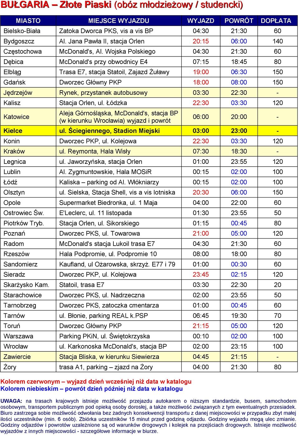 Rynek, przystanek autobusowy 03:30 22:30 - Kalisz Stacja Orlen, ul. Łódzka 22:30 03:30 120 (w kierunku Wrocławia) wyjazd i powrót 06:00 20:00 - Kielce ul.