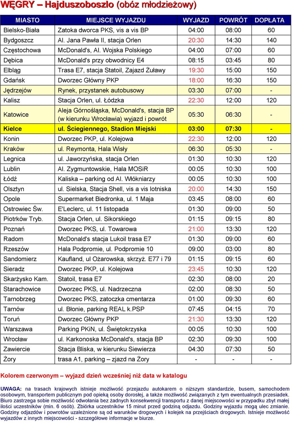 Rynek, przystanek autobusowy 03:30 07:00 - Kalisz Stacja Orlen, ul. Łódzka 22:30 12:00 120 (w kierunku Wrocławia) wyjazd i powrót 05:30 06:30 - Kielce ul.
