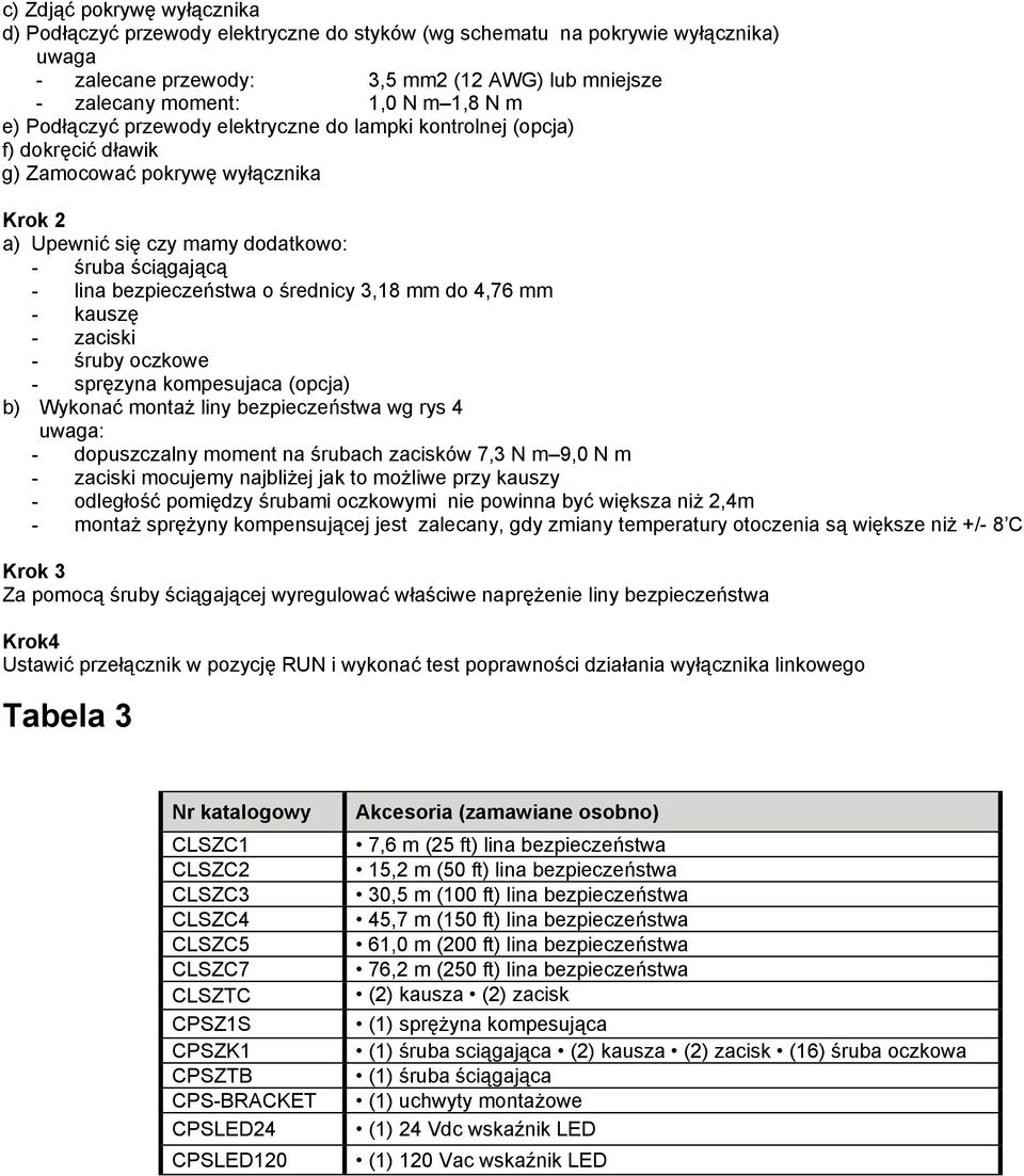 o średnicy 3,18 mm do 4,76 mm - kauszę - zaciski - śruby oczkowe - spręzyna kompesujaca (opcja) b) Wykonać montaż liny bezpieczeństwa wg rys 4 uwaga: - dopuszczalny moment na śrubach zacisków 7,3 N m