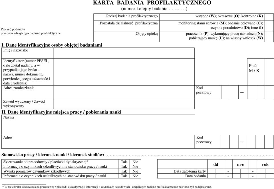 (D); inne (I) pracownik (P); wykonujący pracę nakładczą (N); pobierający naukę (U); na własny wniosek (W) Identyfikator (numer PESEL, o ile został nadany, a w przypadku jego braku nazwa, numer