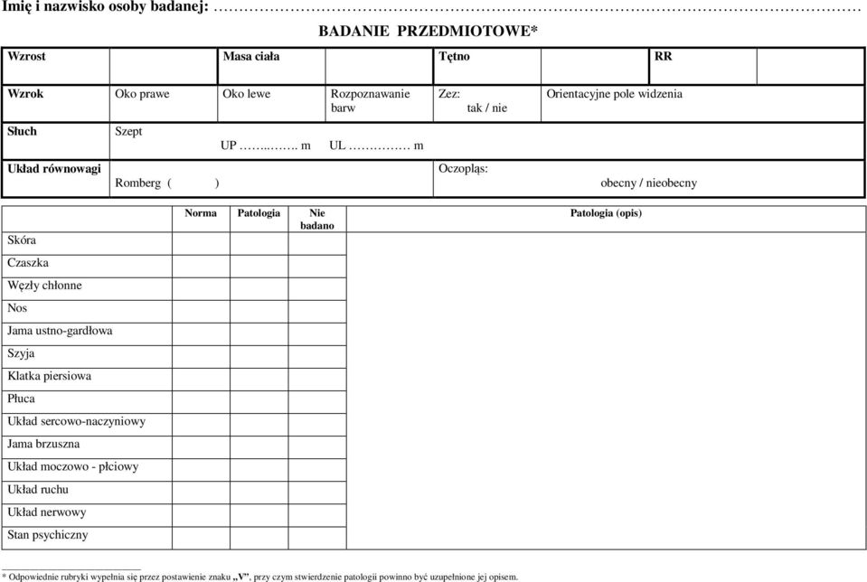 .. m UL m Zez: tak / nie Oczopląs: Orientacyjne pole widzenia obecny / nieobecny Skóra Czaszka Węzły chłonne Nos Jama ustno-gardłowa Szyja Klatka