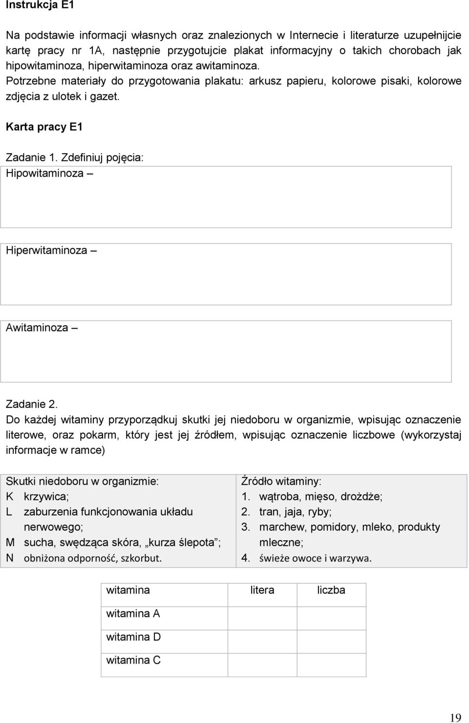 Zdefiniuj pojęcia: Hipowitaminoza Hiperwitaminoza Awitaminoza Zadanie 2.
