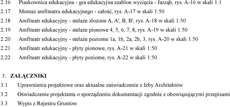 20 Amfiteatr edukacyjny - stelaże poziome 1a, 1b, 2a, 2b, 3, rys. A-20 w skali 1:50 2.21 Amfiteatr edukacyjny - płyty pionowe, rys. A-21 w skali 1:50 2.