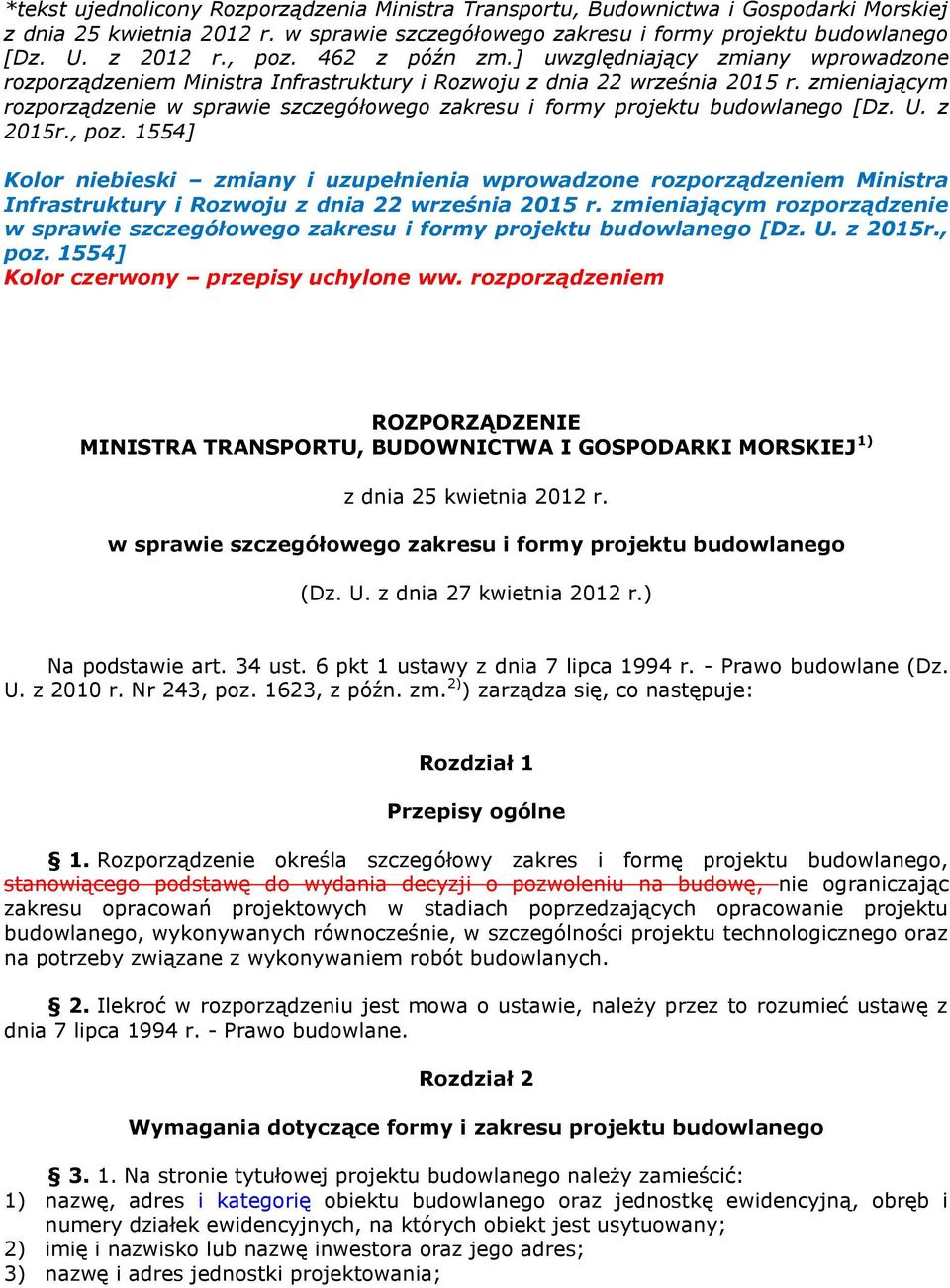 zmieniającym rozporządzenie w sprawie szczegółowego zakresu i formy projektu budowlanego [Dz. U. z 2015r., poz.