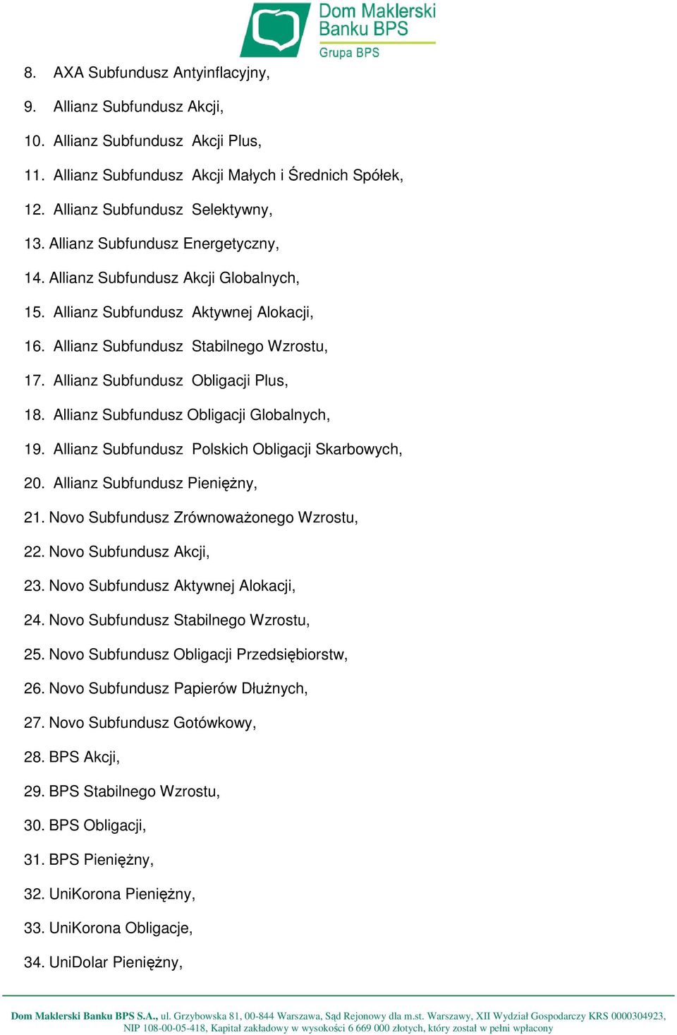 Allianz Subfundusz Obligacji Plus, 18. Allianz Subfundusz Obligacji Globalnych, 19. Allianz Subfundusz Polskich Obligacji Skarbowych, 20. Allianz Subfundusz PienięŜny, 21.