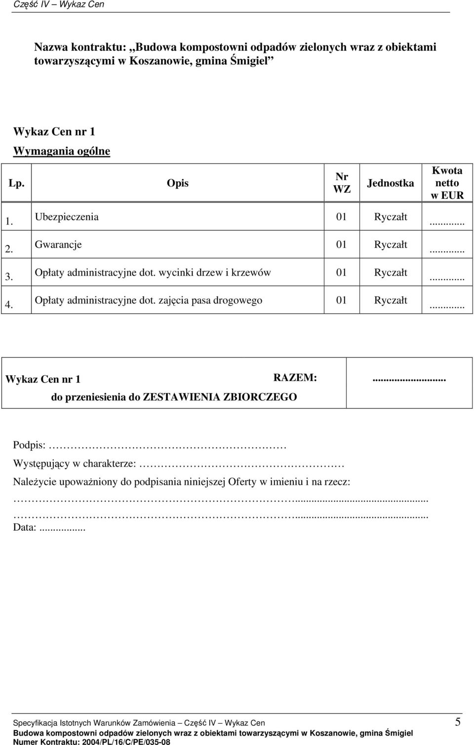 wycinki drzew i krzewów 01 Ryczałt Opłaty administracyjne dot. zajęcia pasa drogowego 01 Ryczałt Wykaz Cen nr 1 RAZEM:.