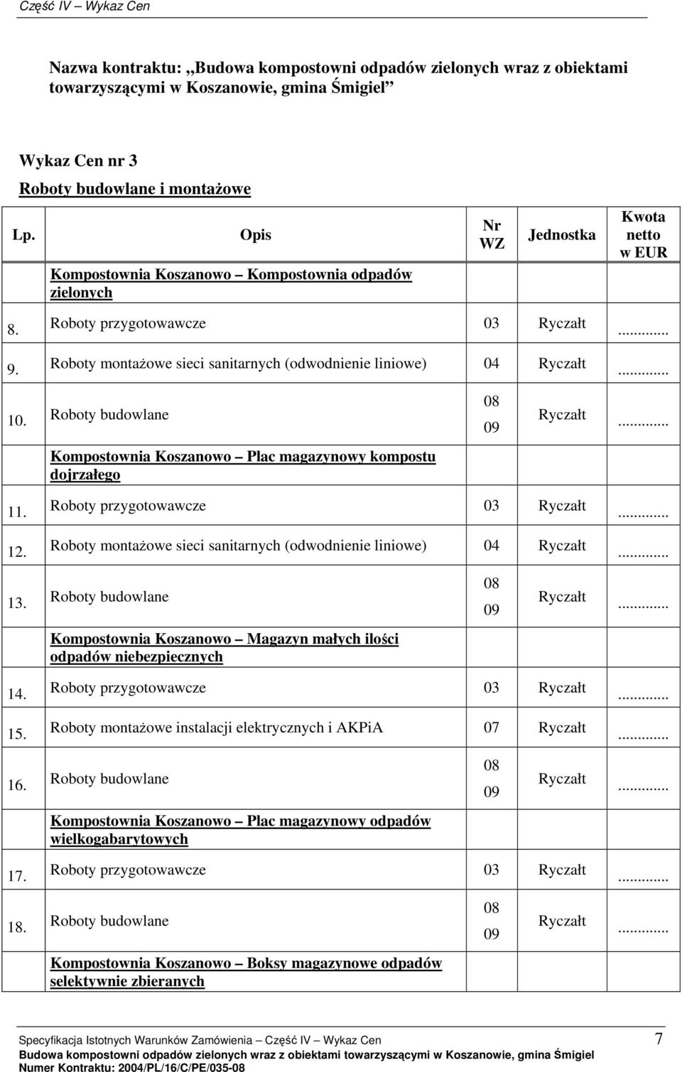 Roboty budowlane 08 09 Ryczałt Kompostownia Koszanowo Plac magazynowy kompostu dojrzałego 11. 12. Roboty montażowe sieci sanitarnych (odwodnienie liniowe) 04 Ryczałt 13.