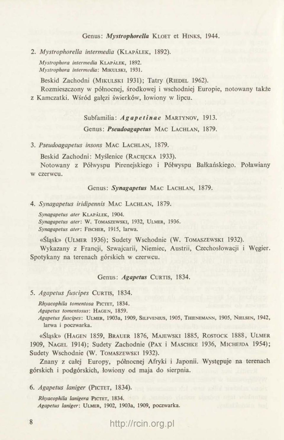 Subfamilia: Agapetinae M artynov, 1913. Genus: Pseudoagapetus M ac Lachlan, 1879. 3. Pseudoagapetus irisons M a c L a c h la n, 1879. Beskid Zachodni: Myślenice (R acięcka 1933).