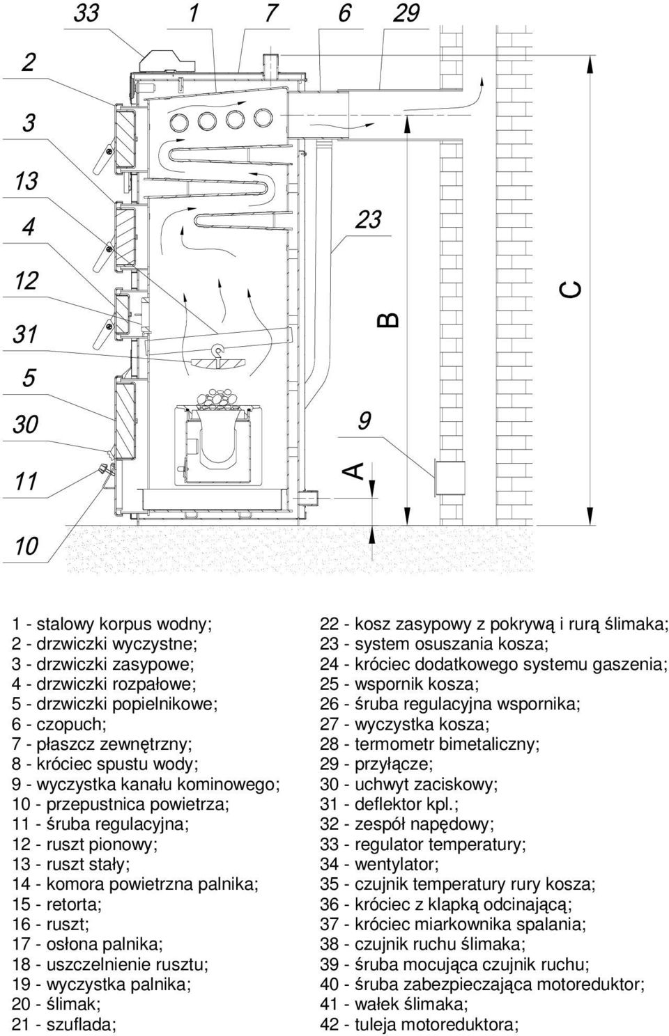 króciec spustu wody; 29 - przyłącze; 9 - wyczystka kanału kominowego; 30 - uchwyt zaciskowy; 10 - przepustnica powietrza; 31 - deflektor kpl.
