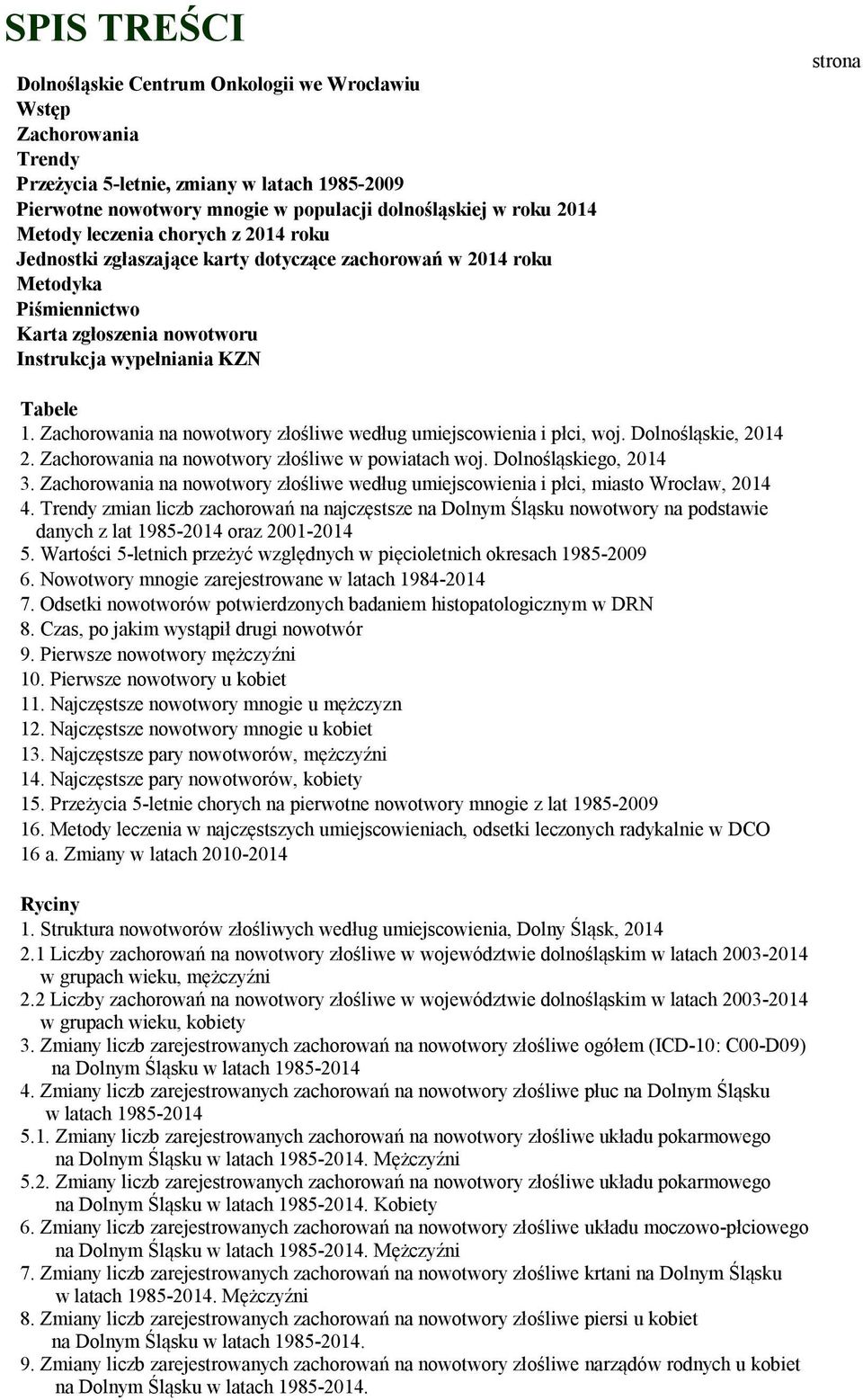 Zachorowania na nowotwory złośliwe według umiejscowienia i płci, woj. Dolnośląskie, 2014 2. Zachorowania na nowotwory złośliwe w powiatach woj. Dolnośląskiego, 2014 3.