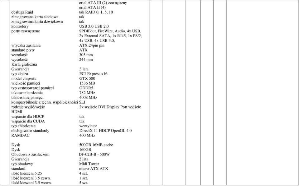 0, wtyczka zasilania ATX 24pin pin standard płyty ATX szerokość 305 mm wysokość 244 mm Karta graficzna 3 lata typ złącza PCI-Express x16 model chipsetu GTX 580 wielkość pamięci 1536 MB typ