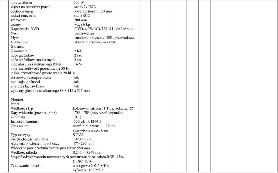 moc głośnika satelitarnego RMS 16 W min. częstotliwość przenoszenia 50 Hz maks.
