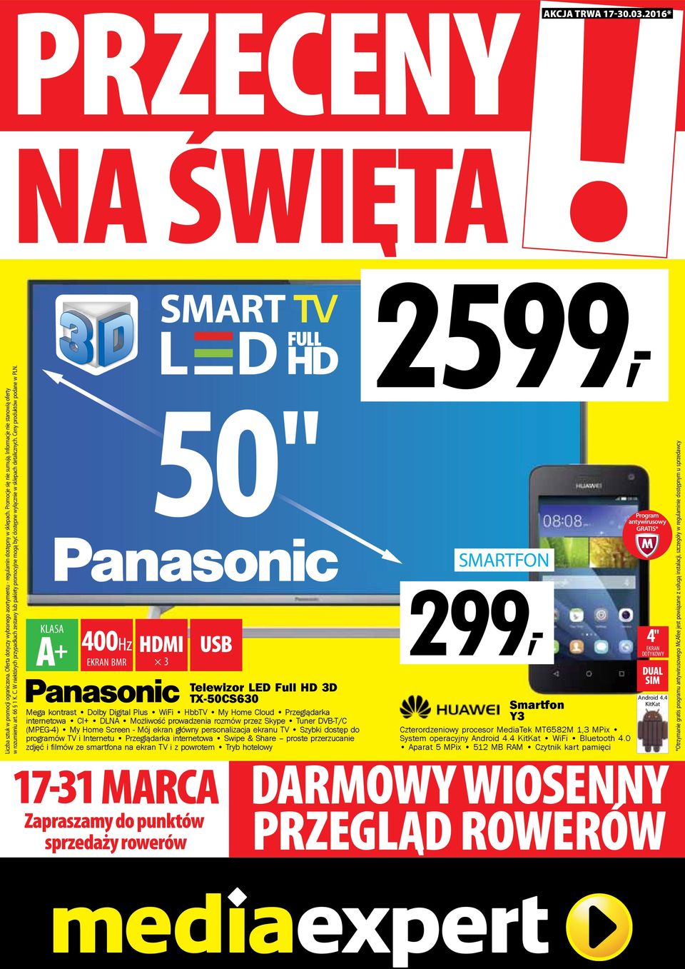 A + 50" SMARTFON 299, BMR 3 400Hz Telewizor LED Full HD 3D TX-50CS630 Mega kontrast Dolby Digital Plus WiFi HbbTV My Home Cloud Przeglądarka internetowa CI+ DLNA Możliwość prowadzenia rozmów przez